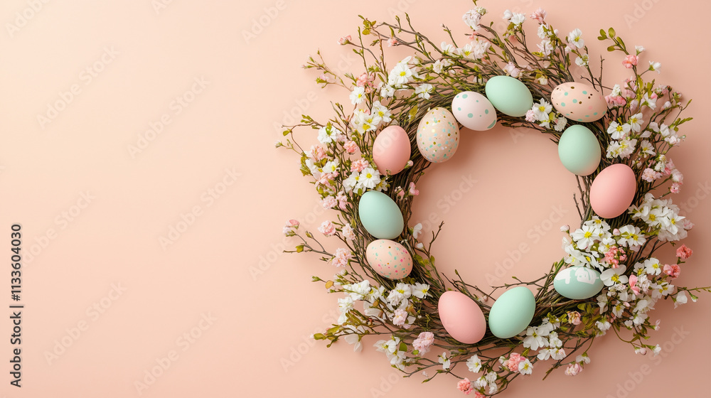 Easter concept, Easter wreath made of twigs, small flowers, and pastel eggs, arranged on a soft peach background Easter concept, Easter wreath made of twigs, small flowers, and pastel eggs, arranged on a soft peach background