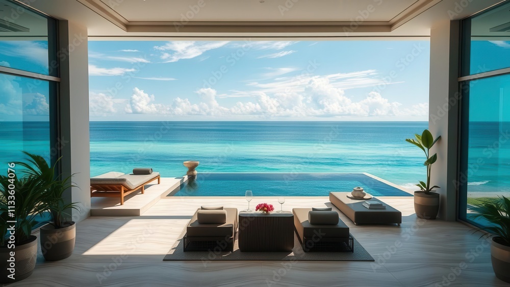 Fototapeta premium A stunning oceanfront luxury property available for rent, featuring breathtaking views, high-end amenities, and exclusive beach access, amenities, exclusive