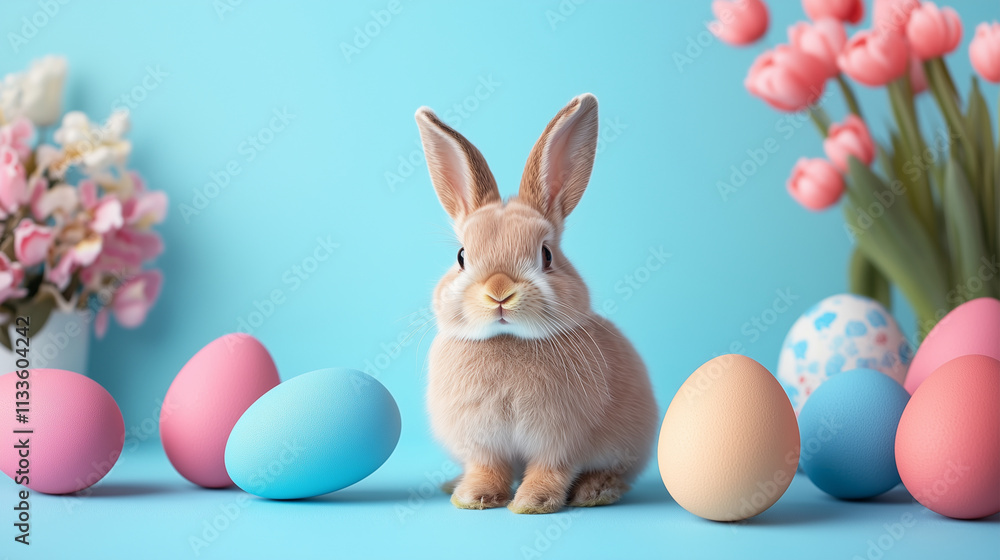 Fototapeta premium Easter bunny surrounded by painted eggs and spring flowers. Easter celebration.