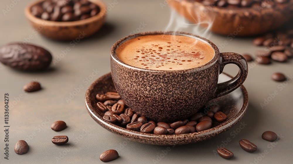 Warm Cup of Coffee With Steam Rising, Surrounded by Coffee Beans and Chocolate, Creating a Cozy Atmosphere in a Kitchen Setting. Generative AI Warm Cup of Coffee With Steam Rising, Surrounded by Coffee Beans and Chocolate, Creating a Cozy Atmosphere in a Kitchen Setting. Generative AI