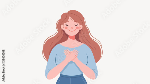 A woman with a happy expression with both hands on her chest