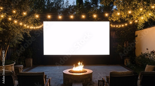 A large white movie screen stands in a cozy backyard, surrounded by warm string lights and inviting seating, creating a perfect atmosphere