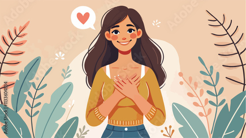 A woman with a happy expression with both hands on her chest