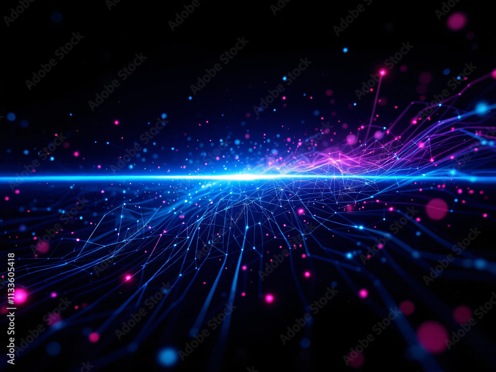 Naklejka premium Network, Connectivity, Digital, Technology, Nodes, Lines, Dots, Blue, Glowing, Web, Internet, Data, Information, Communication, Links, Grid, Matrix, Cyberspace, Virtual, Online, Interconnected, Wires,