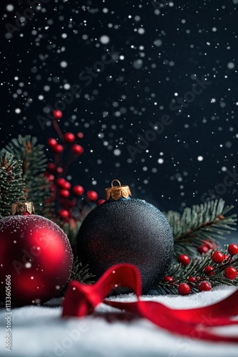 Christmas decorations on snow. Red, dark blue Christmas balls, red ribbon lay on snow covered dark background with fir branches, red berries. Festive Christmas image. Festive decor for winter photo