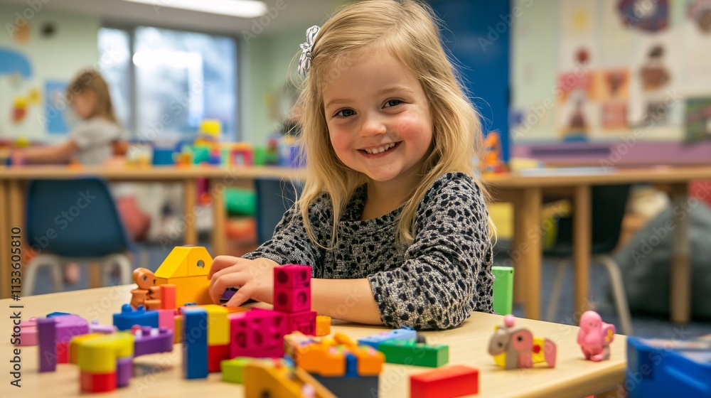 A cheerful blonde girl is focused on her hands-on learning experience in a Montessori classroom filled with colorful educational materials A cheerful blonde girl is focused on her hands-on learning experience in a Montessori classroom filled with colorful educational materials