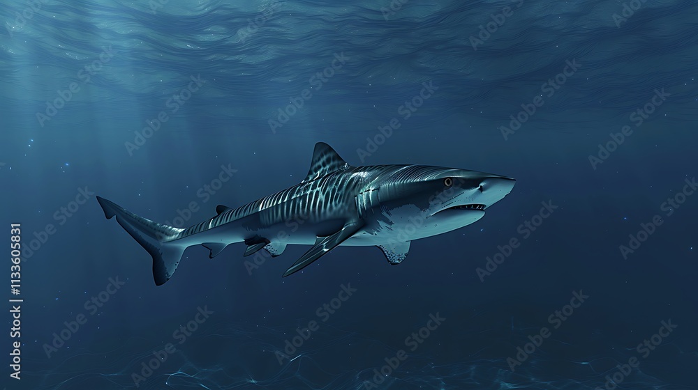 Obraz premium Tiger Shark Gracefully Gliding Through the Vast Deep Blue Ocean Waters, Showcasing Its Power, Elegance, and Dominance in the Mysterious Depths of Its Natural Marine Habitat