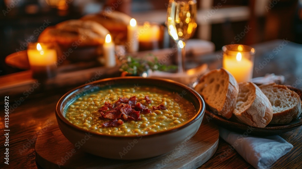 A cozy dinner setting featuring a bowl of soup, bread, and candles for a warm atmosphere. A cozy dinner setting featuring a bowl of soup, bread, and candles for a warm atmosphere.