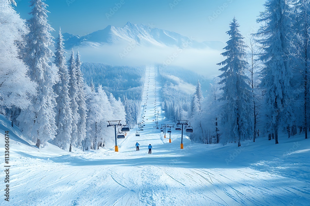 Stunning winter landscape of a ski slope with skiers and chairlifts on a bright, sunny day. Stunning winter landscape of a ski slope with skiers and chairlifts on a bright, sunny day.