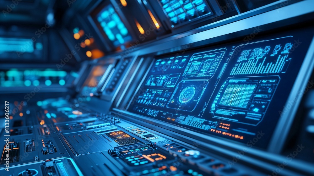 A sleek control panel shows virtual buttons and real-time healthcare analytics with patient data in a cutting-edge medical facility A sleek control panel shows virtual buttons and real-time healthcare analytics with patient data in a cutting-edge medical facility