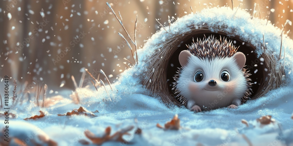 Animated Hedgehog Peeking from Burrow, Wintery Scene with Soft Lighting, Whimsical Style for Marketing Materials Animated Hedgehog Peeking from Burrow, Wintery Scene with Soft Lighting, Whimsical Style for Marketing Materials
