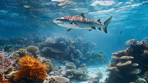 A majestic tiger shark swimming gracefully over a vibrant coral reef, gliding effortlessly through crystal-clear waters, surrounded by diverse marine life in the heart of the ocean's underwater paradi photo