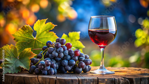Wallpaper Mural Glass of red wine surrounded by fresh grapes and grape leaves on a rustic wooden table. A classic and elegant concept for wine tasting, vineyards, and sophisticated dining. Torontodigital.ca