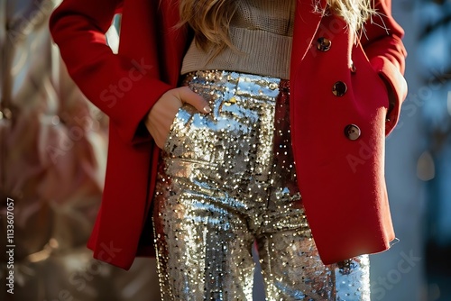 Woman in red coat and silver sequined pants, hands in pockets.