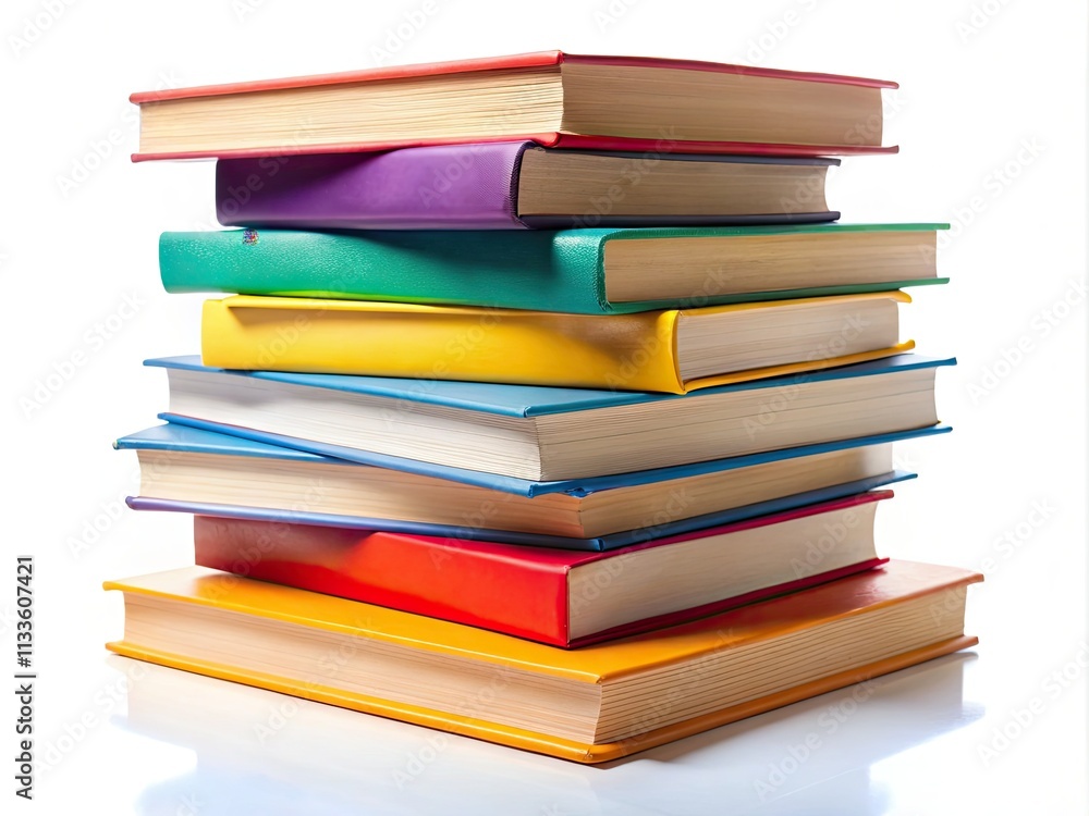 A sharp closeup reveals a towering stack of books against a pristine white background, embodying knowledge and learning. A sharp closeup reveals a towering stack of books against a pristine white background, embodying knowledge and learning.