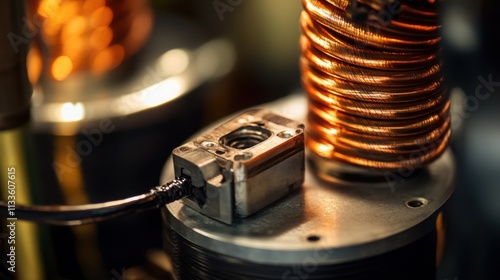 Close-Up of Industrial Electromechanical Components with Copper Wiring and Precision Parts in a Manufacturing Environment photo