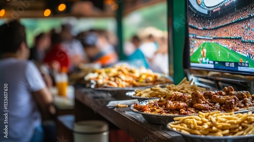 A vibrant concession stand displays various snacks in a lively stadium, with fans eagerly enjoying the game in the background and a bright menu board