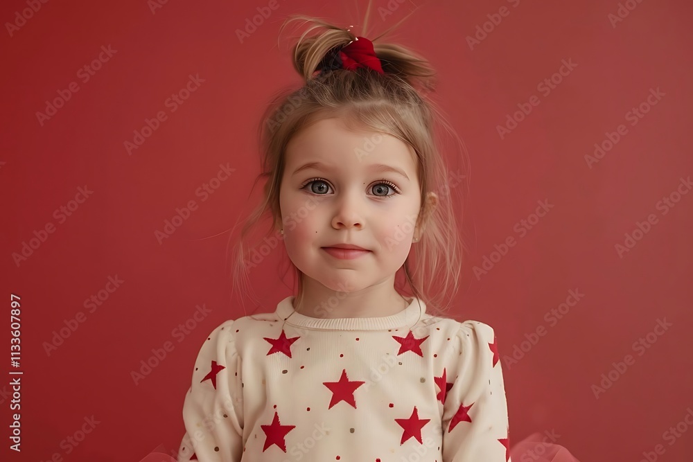 Portrait of a cute little girl with blonde hair and blue eyes, wearing a star-patterned sweater against a red background. Portrait of a cute little girl with blonde hair and blue eyes, wearing a star-patterned sweater against a red background.