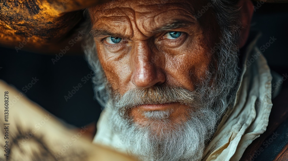 Grizzled old man, intense gaze, wide-brimmed hat. Grizzled old man, intense gaze, wide-brimmed hat.