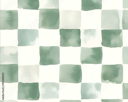 A soft pastel green gingham pattern with subtle watercolor strokes and a gentle color palette The background is a plain white to highlight the checkered design This photo