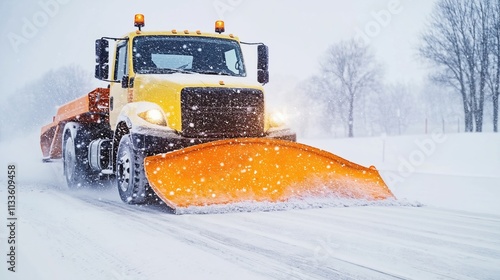 Yellow snow plow truck efficiently removes snow from road. Orange plow blade pushes snow aside. Winter weather conditions challenging. Snow falling. Maintenance, safety important. Clear roads keep photo