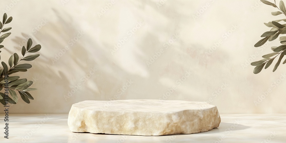 Beige rock podium for product display sits on light beige surface. Natural light casts soft shadows on fuzzy beige background. Natural green leaves add touch of plants, create warm ambiance. Ideal Beige rock podium for product display sits on light beige surface. Natural light casts soft shadows on fuzzy beige background. Natural green leaves add touch of plants, create warm ambiance. Ideal
