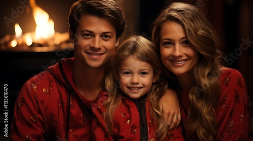 Happy family of three in matching pajamas smiling warmly by a fireplace.