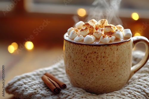 A steaming mug of hot chocolate topped with marshmallows and cinnamon sticks, a cozy winter beverage for a festive celebration. photo