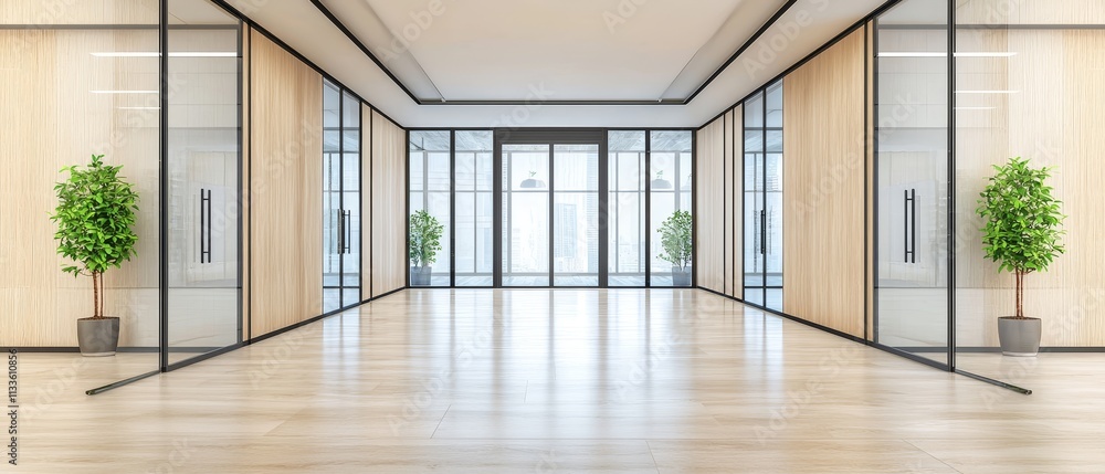 Obraz premium Modern Open Concept Office Space with Glass Walls and Green Plants