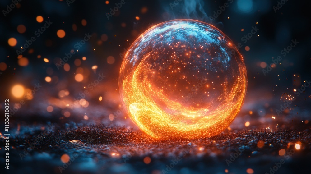 Fiery orb rests on dark ground, glowing sparks. Fiery orb rests on dark ground, glowing sparks.