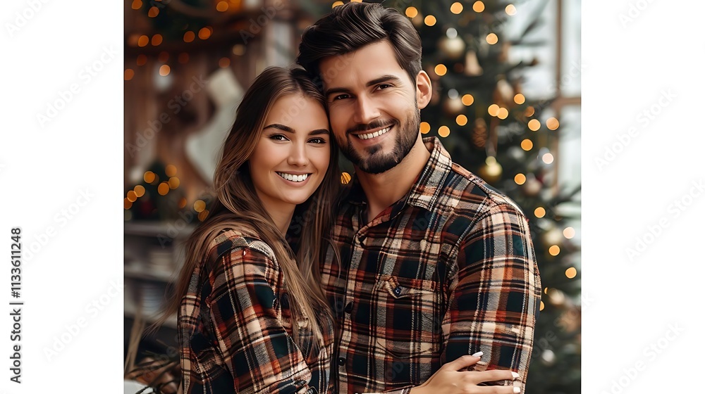 Fototapeta premium Happy couple embracing near a decorated Christmas tree.