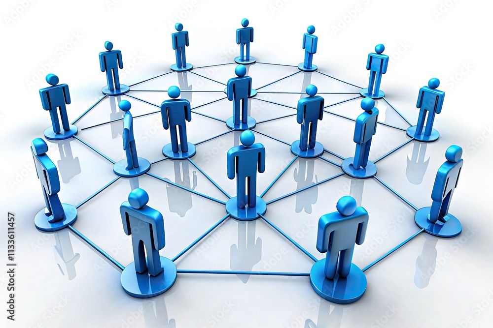 A vibrant 3D render depicting a collaborative network, showcasing interconnected people in a panoramic blue community. A vibrant 3D render depicting a collaborative network, showcasing interconnected people in a panoramic blue community.