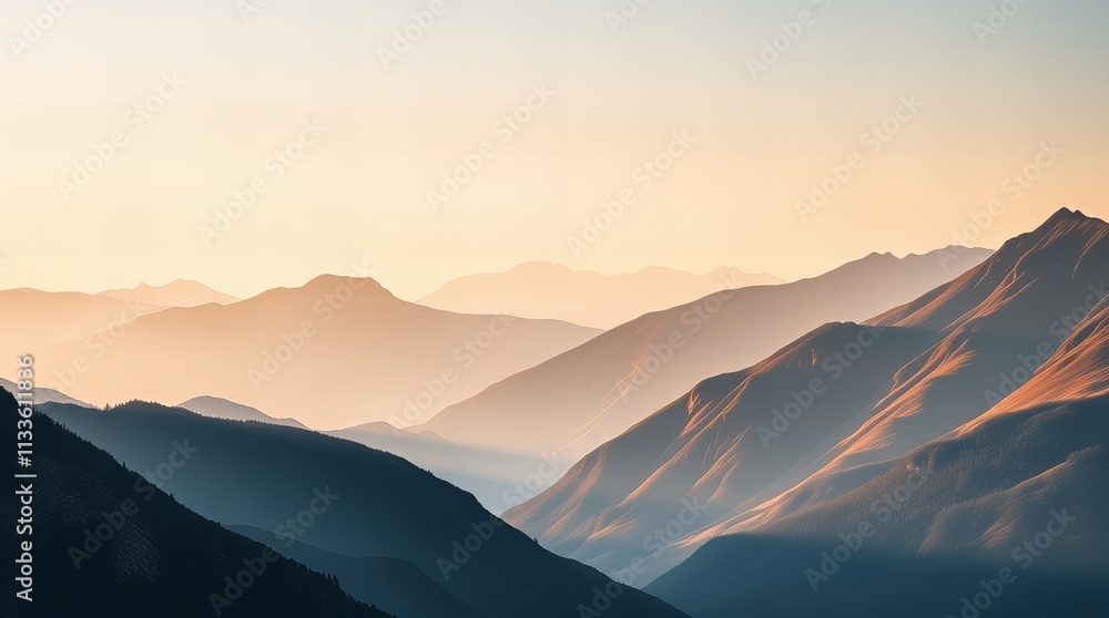 A tranquil mountain landscape featuring soft layers of ridges illuminated by golden sunrise light, creating a serene and atmospheric view.
A tranquil mountain landscape featuring soft layers of ridges illuminated by golden sunrise light, creating a serene and atmospheric view.