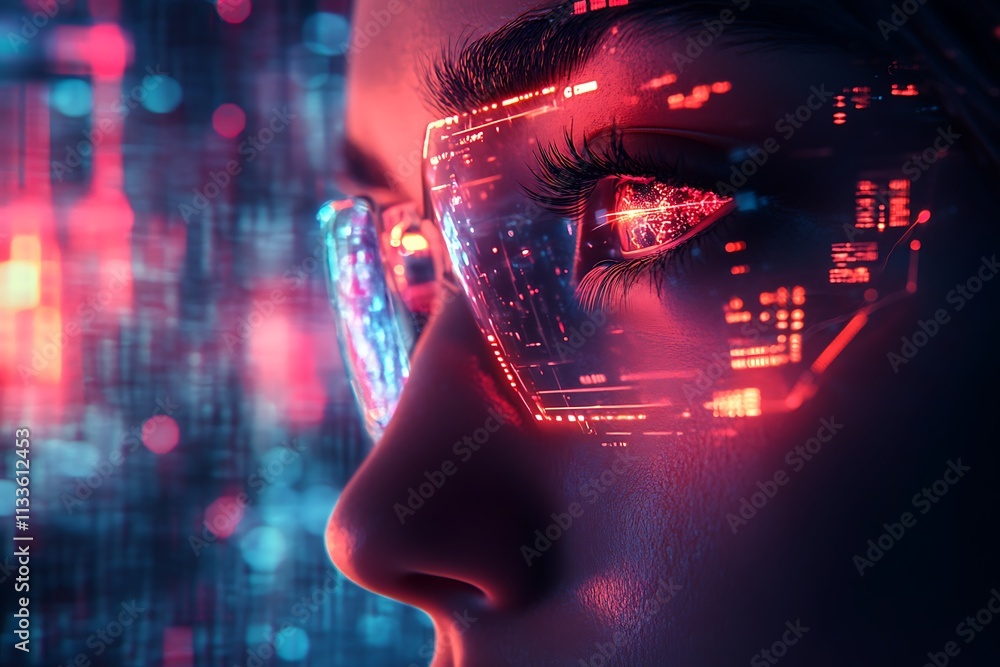 A woman's face partially obscured by futuristic glasses displays digital interface in a cyberpunk setting. A woman's face partially obscured by futuristic glasses displays digital interface in a cyberpunk setting.