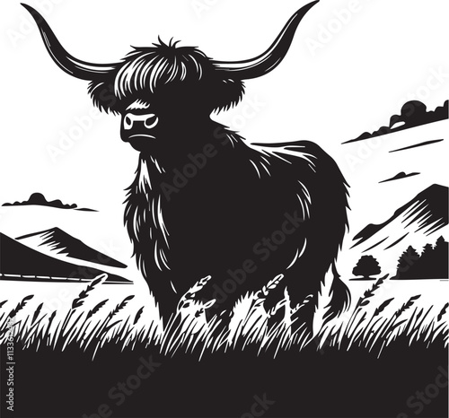 A Highland Cow silhouette with large sweeping horns in a peaceful meadow vector silhouette