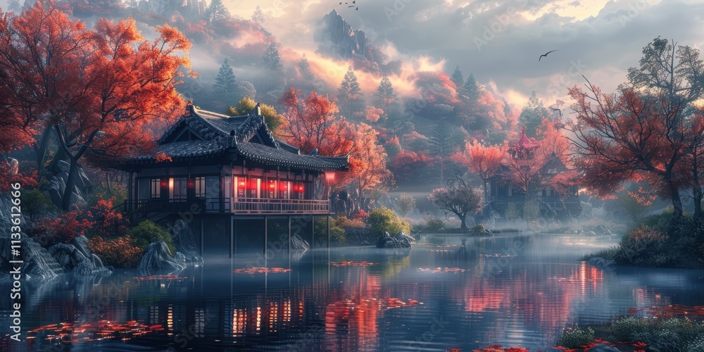Obraz premium A serene autumn landscape showcasing a traditional pagoda by the water amidst vibrant red maple trees and misty mountains in the backdrop, creating a tranquil and enchanting scene