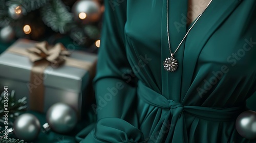 Close-up of woman wearing emerald silk robe and snowflake pendant necklace near Christmas gifts.