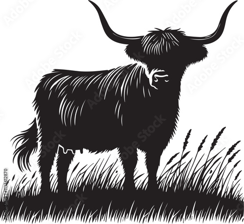 A Highland Cow silhouette with large sweeping horns in a peaceful meadow vector silhouette