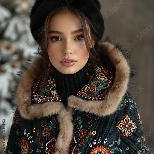 Young woman in embroidered fur-trimmed coat, winter fashion.