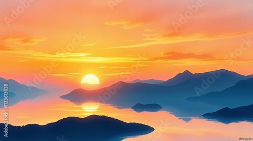 A stunning sunset with vivid orange and pink hues illuminating mountain silhouettes and reflecting on a calm, serene lake. 