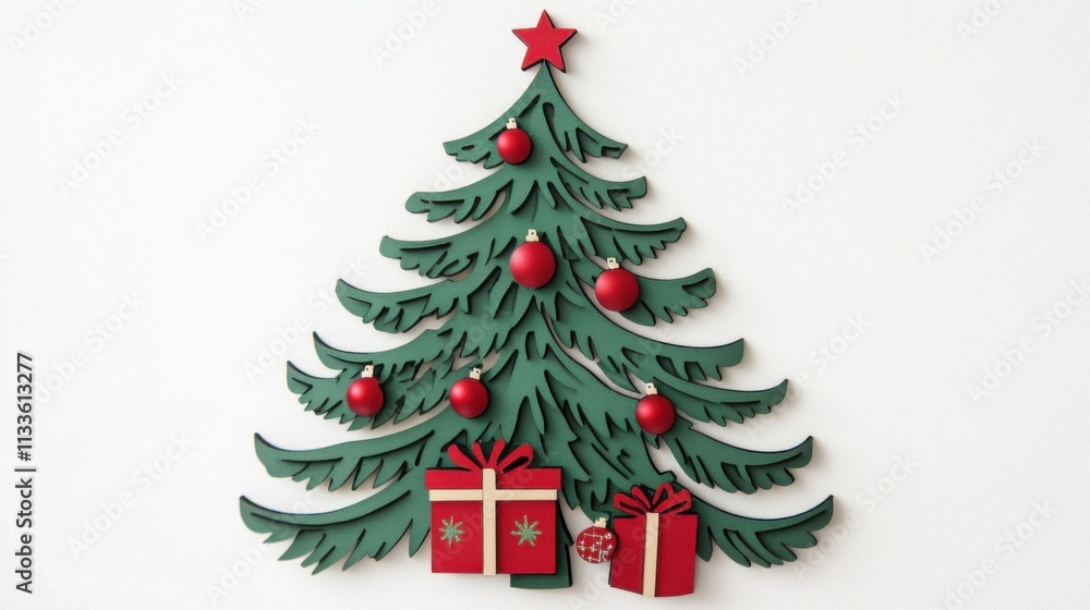 Obraz premium Green Christmas tree cutout with red ornaments and a gift box evoking holiday cheer