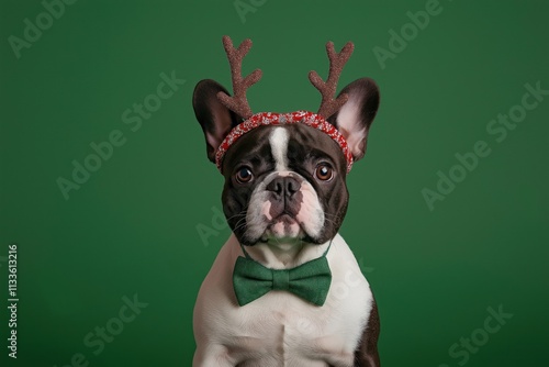 Cute French bulldog dog dressed in Christmas reindeer antlers, green bow tie. Dog looks directly at camera. Stylish pet photo against solid green background. Perfect for Christmas, pet lovers, photo