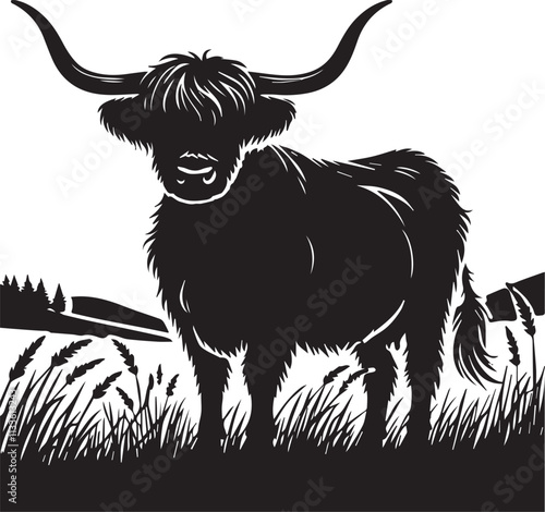 A Highland Cow silhouette with large sweeping horns in a peaceful meadow vector silhouette