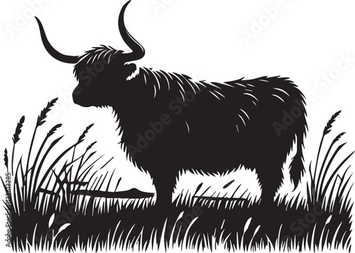 A Highland Cow silhouette with large sweeping horns in a peaceful meadow vector silhouette