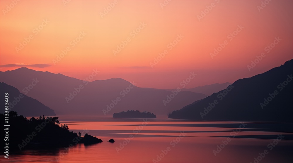 A serene sunset scene featuring soft pink and orange hues reflecting on a calm lake, surrounded by gentle, silhouetted hills.
A serene sunset scene featuring soft pink and orange hues reflecting on a calm lake, surrounded by gentle, silhouetted hills.