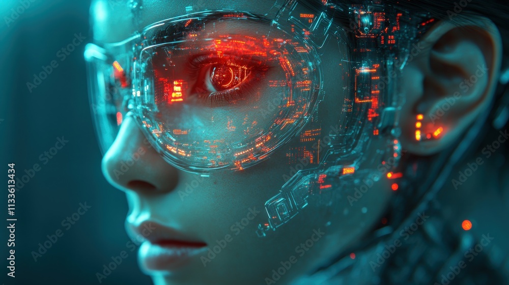 Futuristic eyewear, digital overlay, person's face. Futuristic eyewear, digital overlay, person's face.