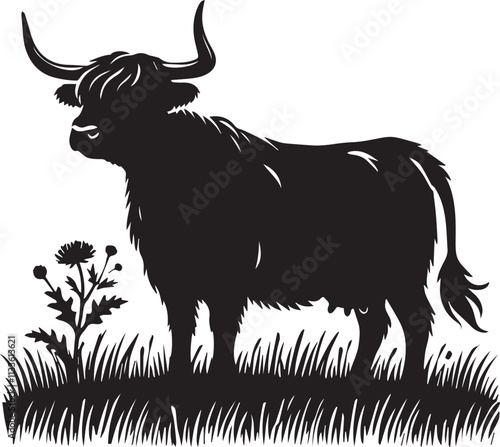 A Highland Cow silhouette with large sweeping horns in a peaceful meadow vector silhouette