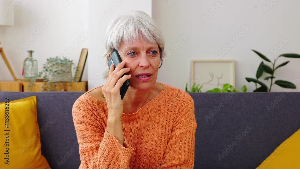 Elegant senior woman with short gray hair having a pleasant phone call with friend while sitting on a comfortable sofa in her living room Elegant senior woman with short gray hair having a pleasant phone call with friend while sitting on a comfortable sofa in her living room