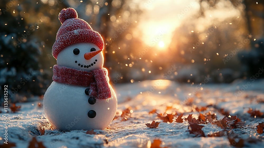 Obraz premium A Snowman Wearing a Red Hat and Scarf in Winter