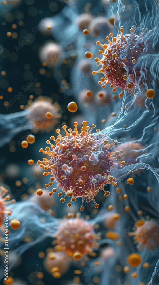 Highly detailed visualization of microscopic viruses floating and interacting within a dynamic environment, showcasing their complex structure and vibrant colors Highly detailed visualization of microscopic viruses floating and interacting within a dynamic environment, showcasing their complex structure and vibrant colors